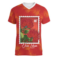 Aloha Hawaii Ohia Lehua Women V-Neck T-Shirt Hawaiian Lei Stylized Stamp