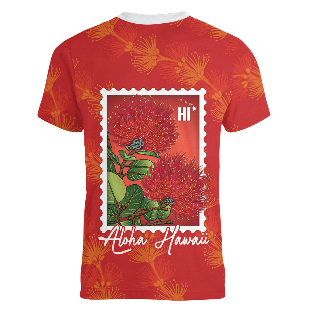 Aloha Hawaii Ohia Lehua Women V-Neck T-Shirt Hawaiian Lei Stylized Stamp