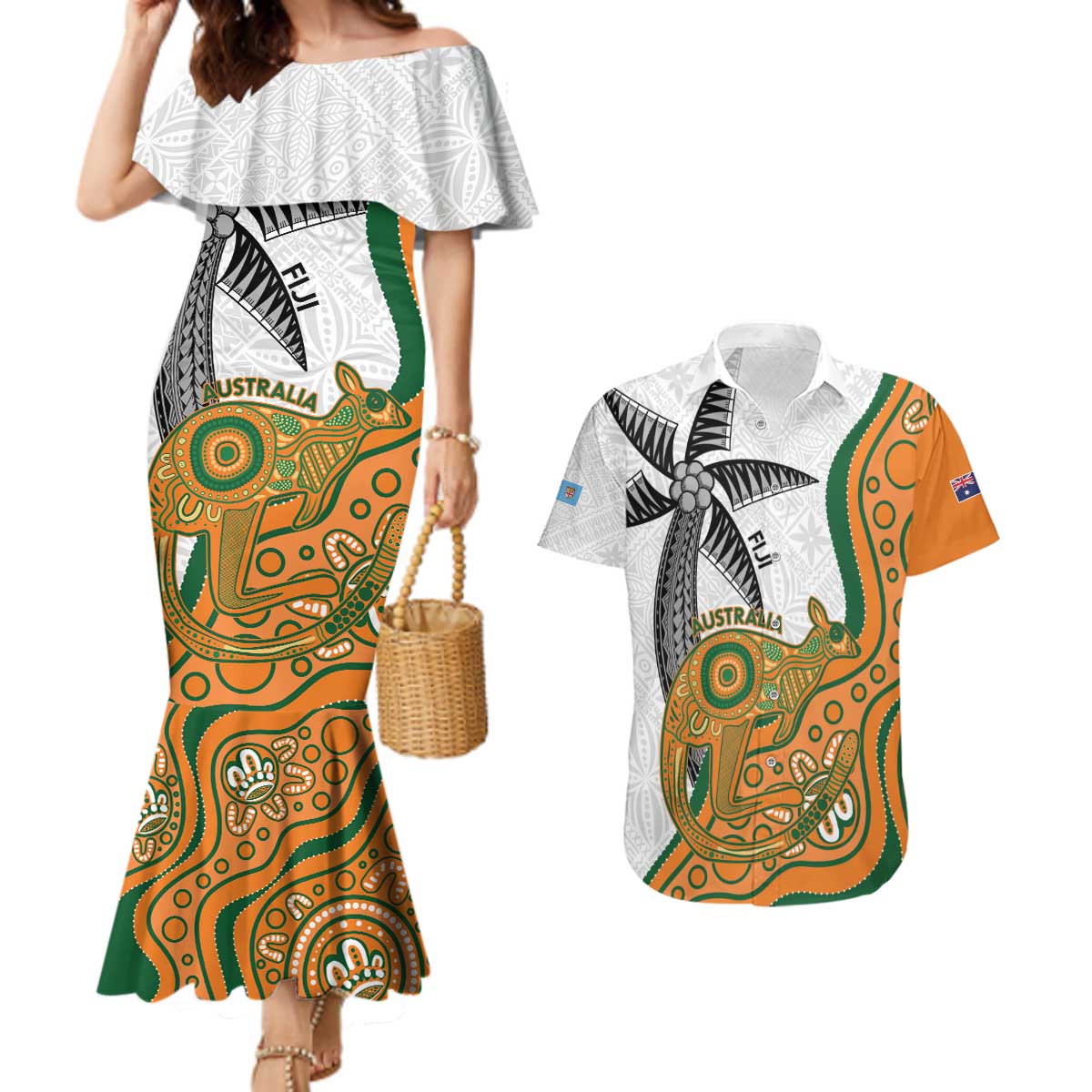 Custom Fiji And Australia Rugby Couples Matching Mermaid Dress and Hawaiian Shirt Fijian Palm Tree Mix Aussie Kangaroo LT14 Gold - Polynesian Pride
