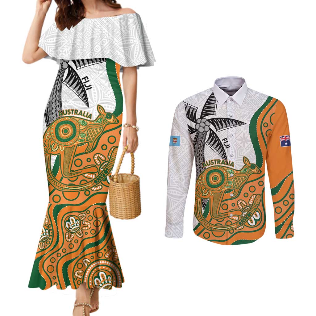 Custom Fiji And Australia Rugby Couples Matching Mermaid Dress and Long Sleeve Button Shirt Fijian Palm Tree Mix Aussie Kangaroo LT14 Gold - Polynesian Pride