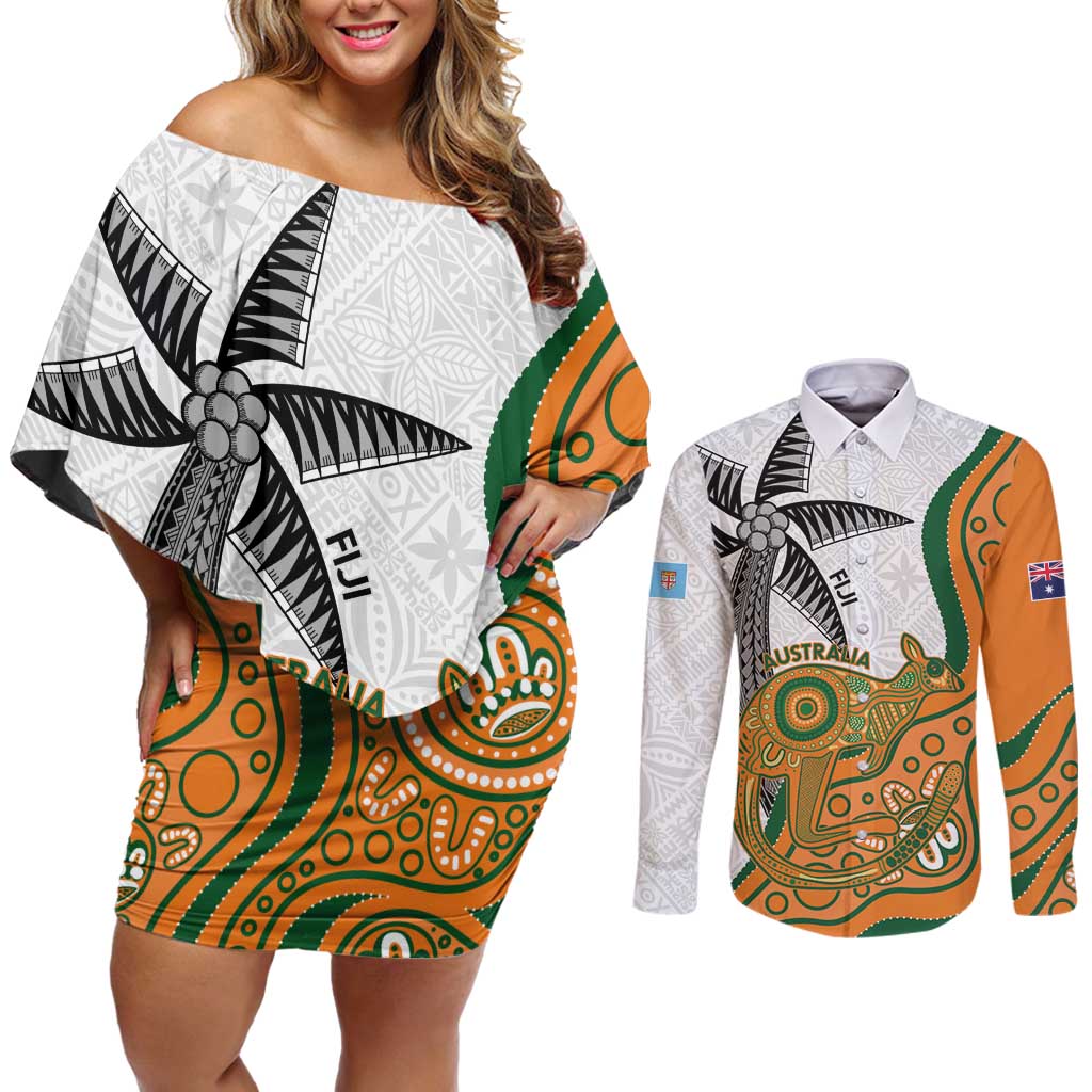 Custom Fiji And Australia Rugby Couples Matching Off Shoulder Short Dress and Long Sleeve Button Shirt Fijian Palm Tree Mix Aussie Kangaroo LT14 Gold - Polynesian Pride