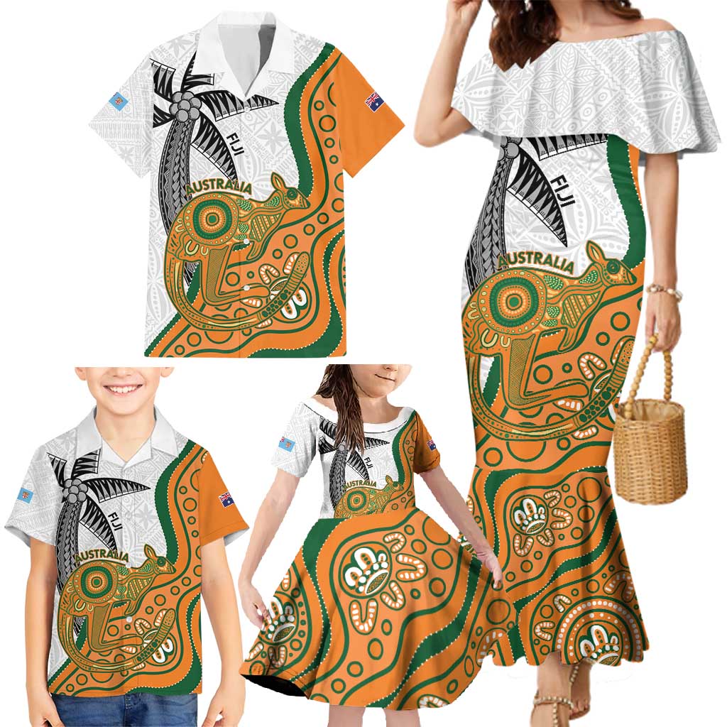 Custom Fiji And Australia Rugby Family Matching Mermaid Dress and Hawaiian Shirt Fijian Palm Tree Mix Aussie Kangaroo LT14 - Polynesian Pride