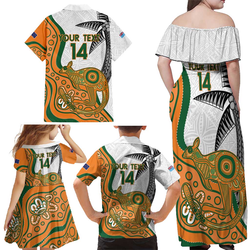 Custom Fiji And Australia Rugby Family Matching Off Shoulder Maxi Dress and Hawaiian Shirt Fijian Palm Tree Mix Aussie Kangaroo