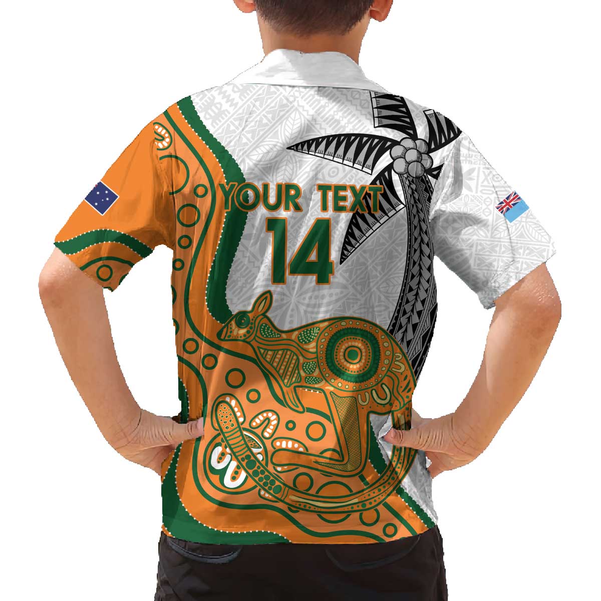 Custom Fiji And Australia Rugby Family Matching Off Shoulder Short Dress and Hawaiian Shirt Fijian Palm Tree Mix Aussie Kangaroo