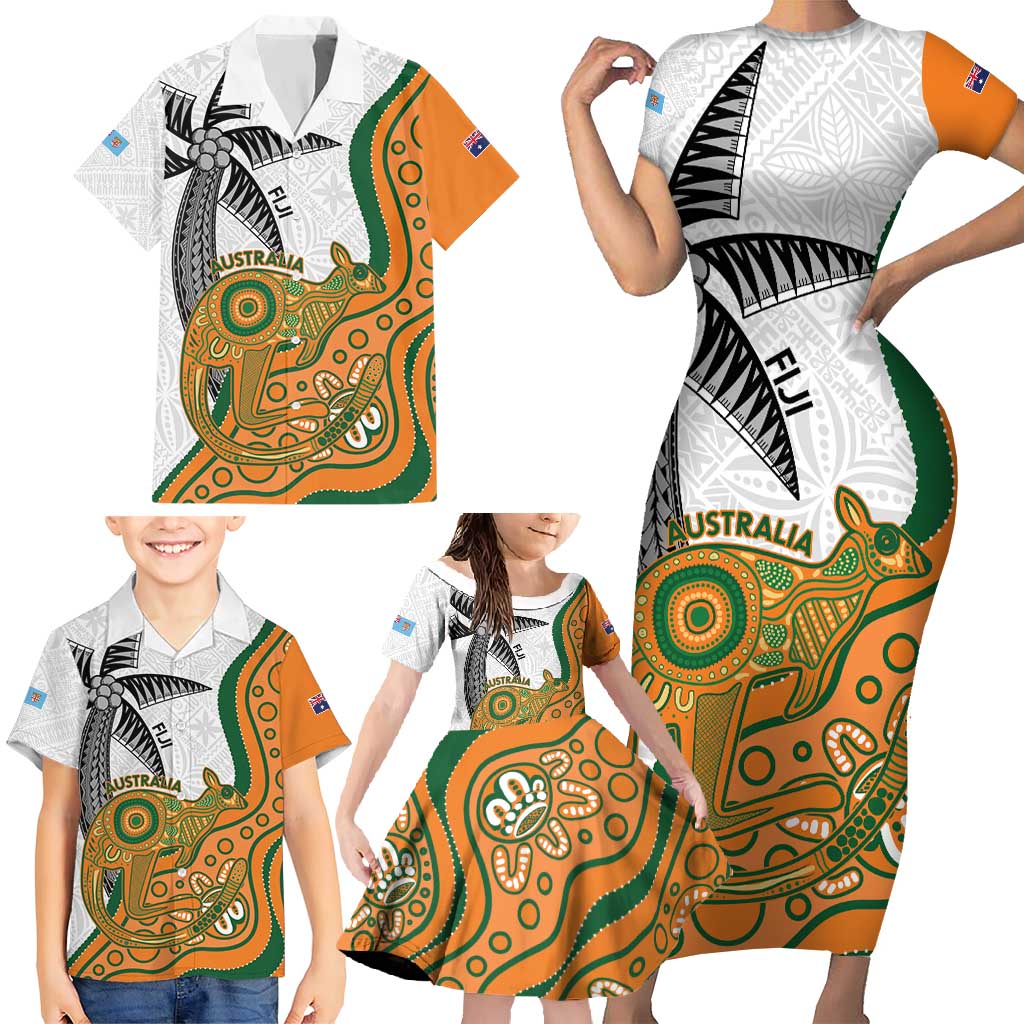 Custom Fiji And Australia Rugby Family Matching Short Sleeve Bodycon Dress and Hawaiian Shirt Fijian Palm Tree Mix Aussie Kangaroo LT14 - Polynesian Pride