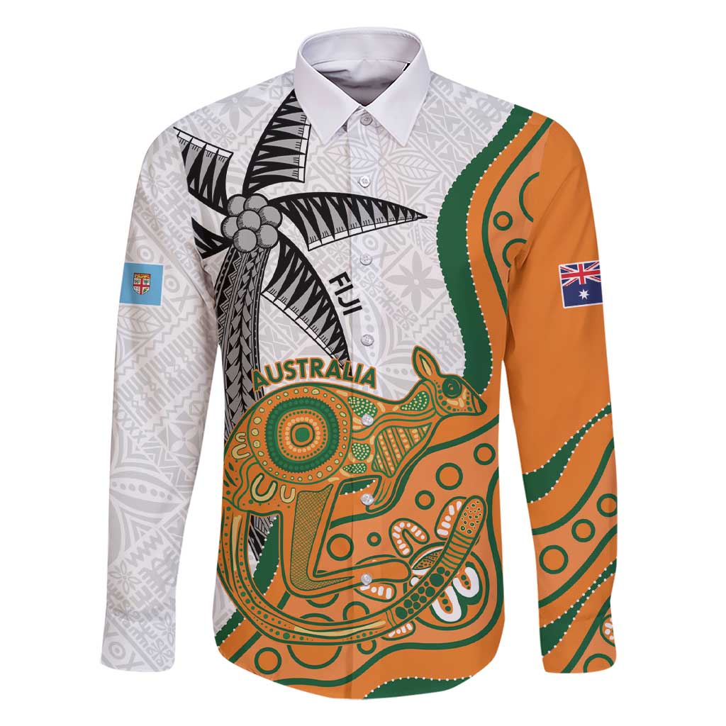 Custom Fiji And Australia Rugby Family Matching Short Sleeve Bodycon Dress and Hawaiian Shirt Fijian Palm Tree Mix Aussie Kangaroo