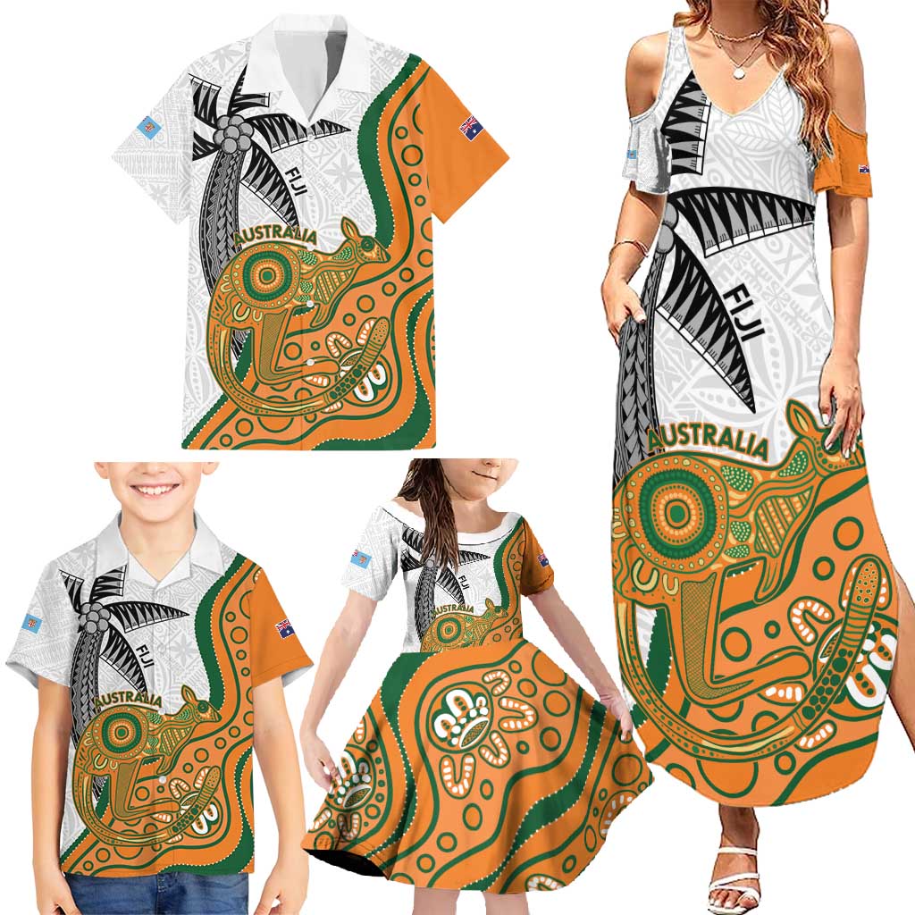 Custom Fiji And Australia Rugby Family Matching Summer Maxi Dress and Hawaiian Shirt Fijian Palm Tree Mix Aussie Kangaroo LT14 - Polynesian Pride