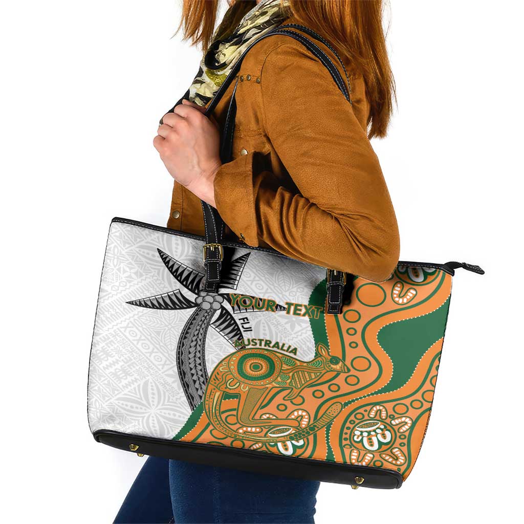 Custom Fiji And Australia Rugby Leather Tote Bag Fijian Palm Tree Mix Aussie Kangaroo LT14 Gold - Polynesian Pride