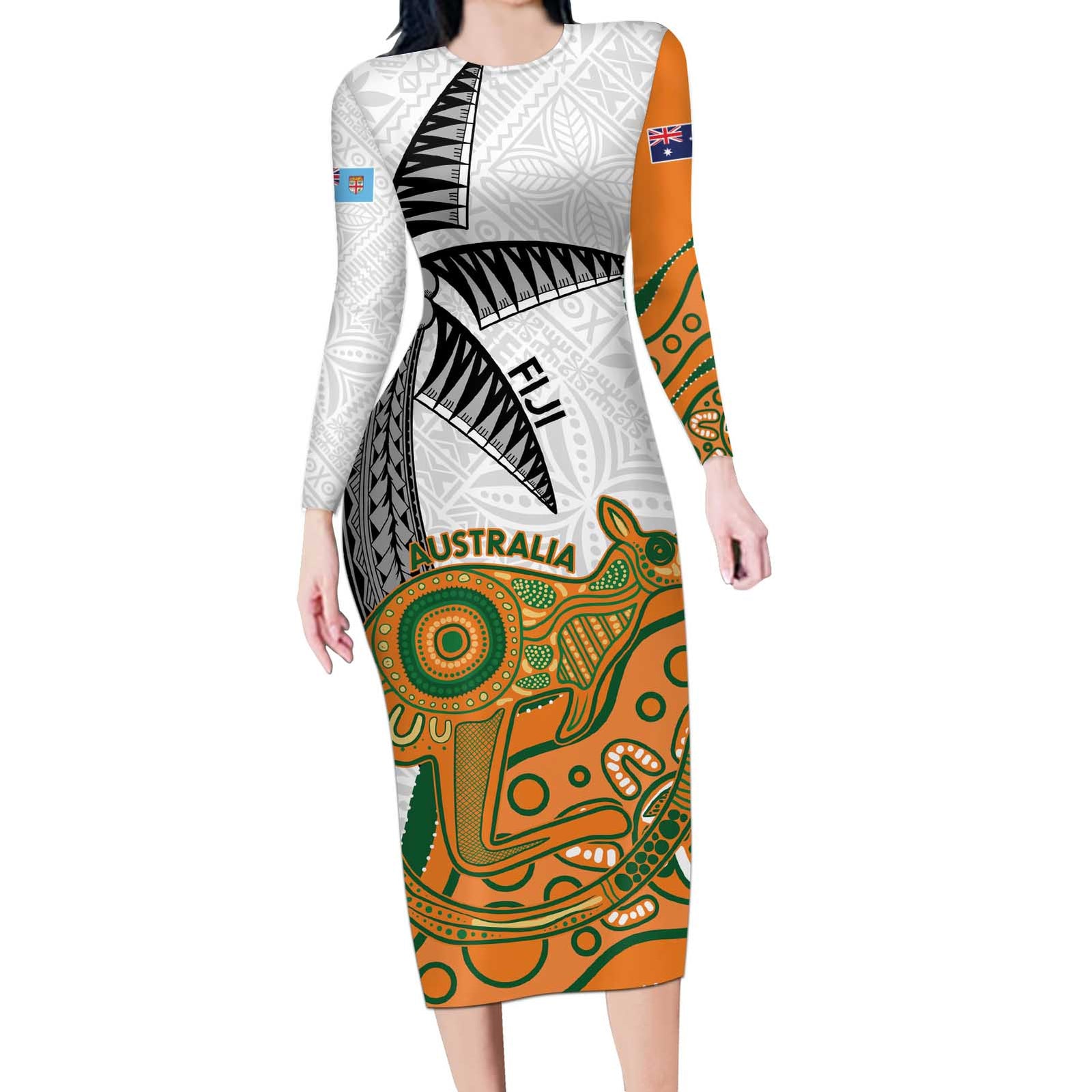 Custom Fiji And Australia Rugby Long Sleeve Bodycon Dress Fijian Palm Tree Mix Aussie Kangaroo LT14 Long Dress Gold - Polynesian Pride