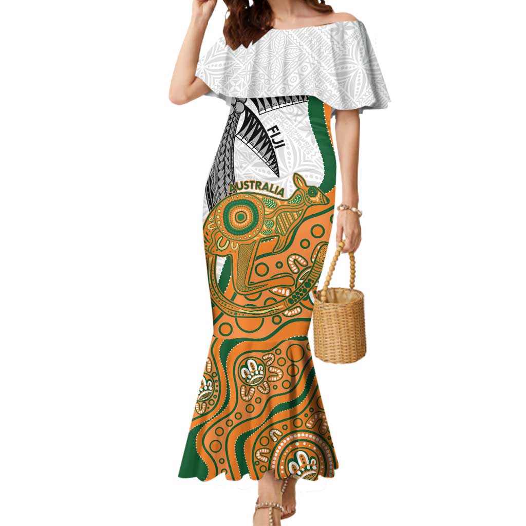 Custom Fiji And Australia Rugby Mermaid Dress Fijian Palm Tree Mix Aussie Kangaroo LT14 Women Gold - Polynesian Pride