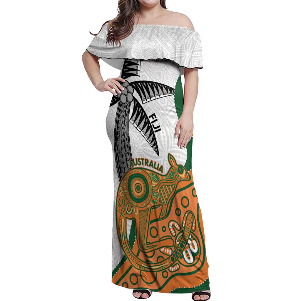 Custom Fiji And Australia Rugby Off Shoulder Maxi Dress Fijian Palm Tree Mix Aussie Kangaroo LT14 Women Gold - Polynesian Pride