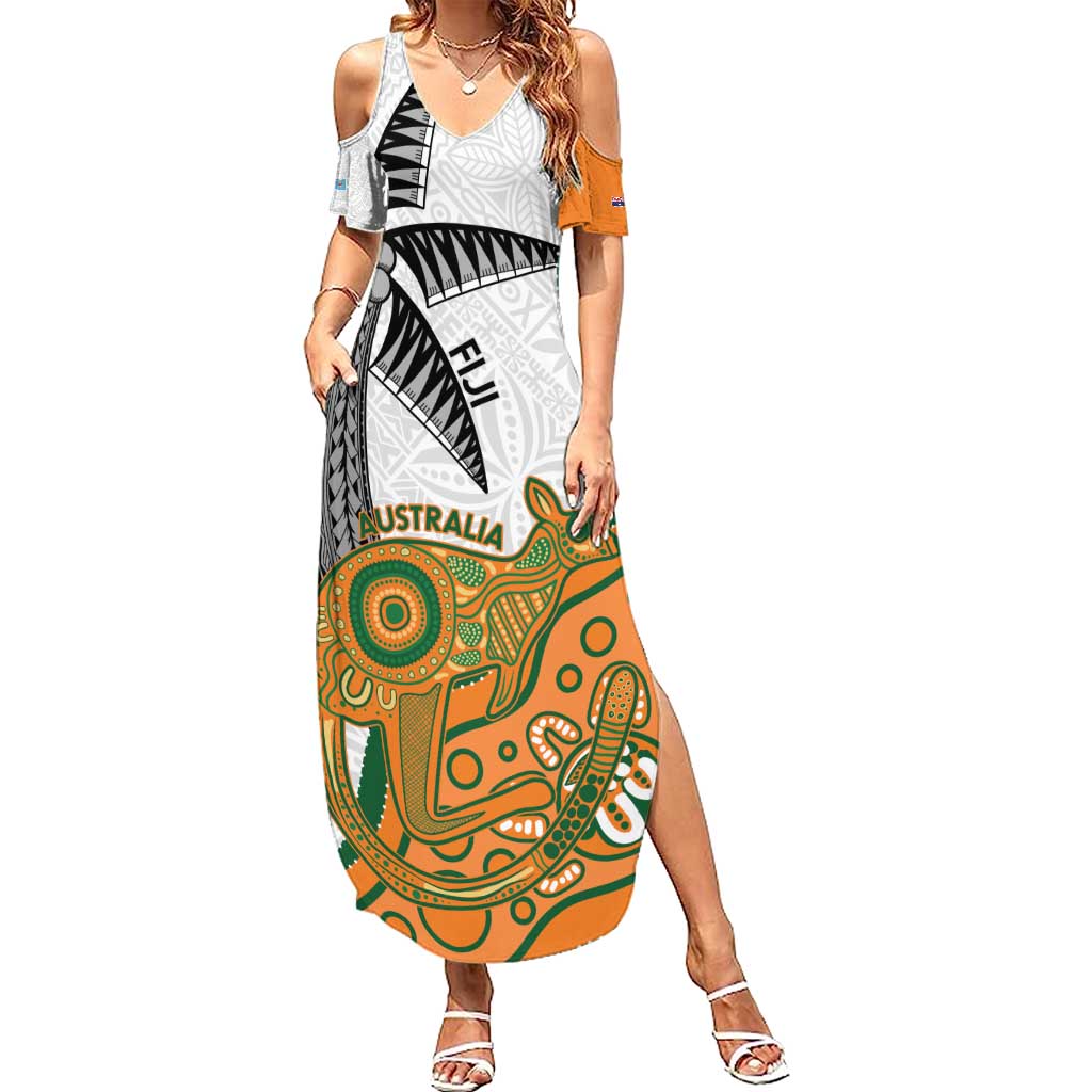 Custom Fiji And Australia Rugby Summer Maxi Dress Fijian Palm Tree Mix Aussie Kangaroo LT14 Women Gold - Polynesian Pride