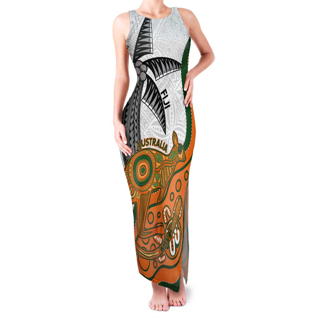 Custom Fiji And Australia Rugby Tank Maxi Dress Fijian Palm Tree Mix Aussie Kangaroo LT14 Women Gold - Polynesian Pride