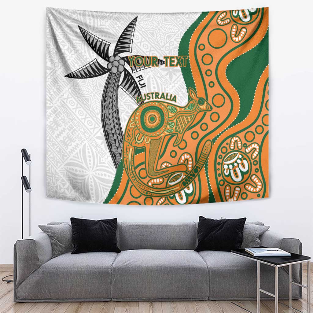 Custom Fiji And Australia Rugby Tapestry Fijian Palm Tree Mix Aussie Kangaroo LT14 Gold - Polynesian Pride