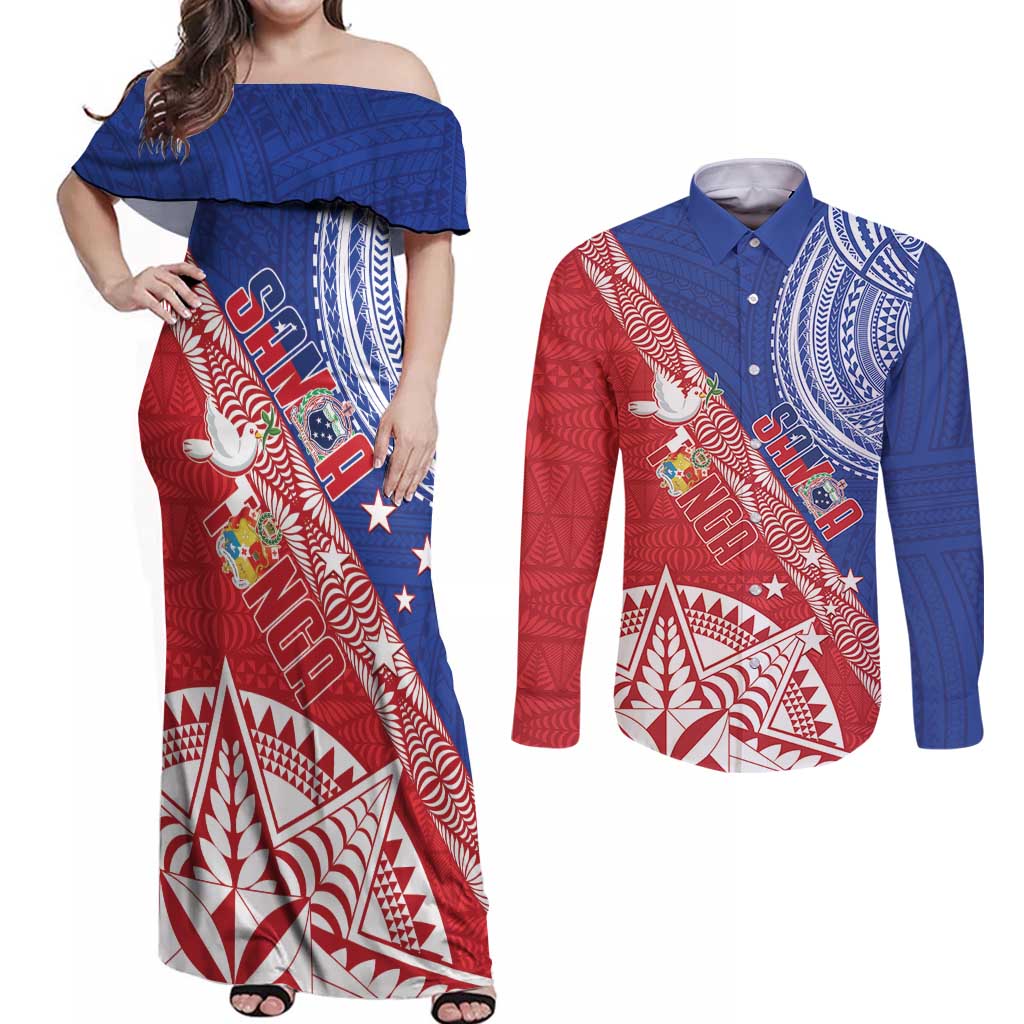 Tonga and Samoa Rugby Custom Couples Matching Off Shoulder Maxi Dress and Long Sleeve Button Shirt Ikale Tahi Manu Samoa Together - Polynesian Pride
