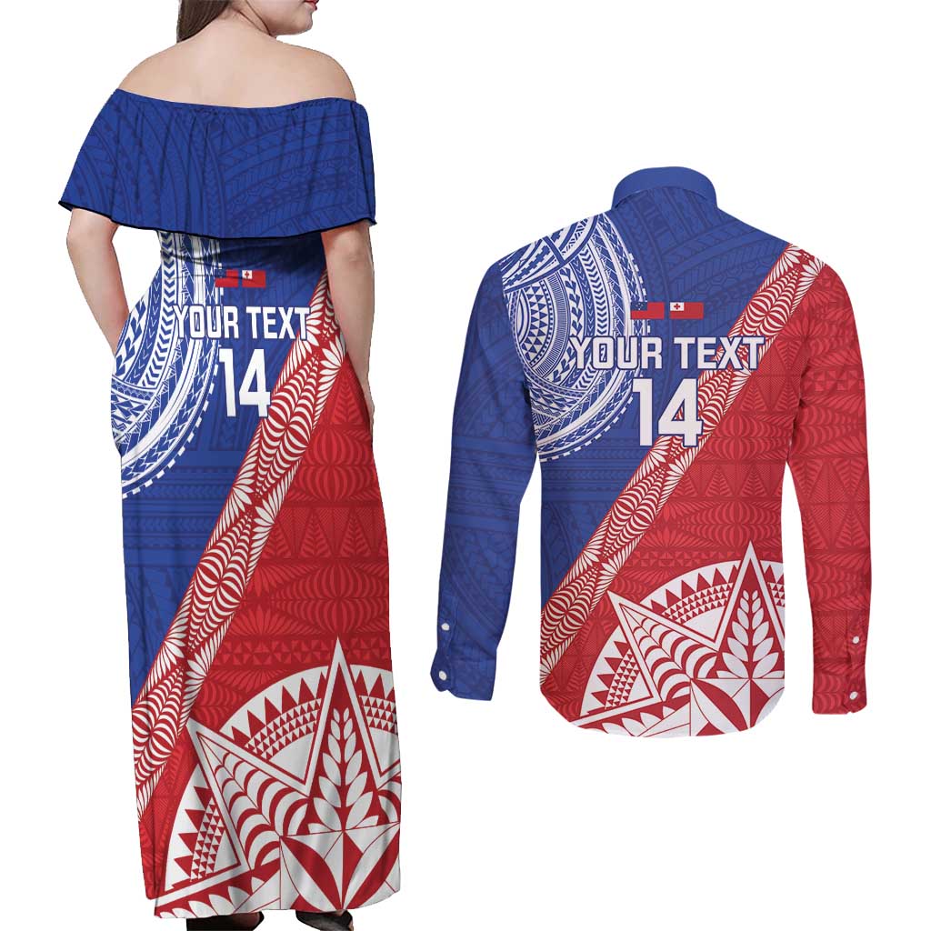 Tonga and Samoa Rugby Custom Couples Matching Off Shoulder Maxi Dress and Long Sleeve Button Shirt Ikale Tahi Manu Samoa Together - Polynesian Pride