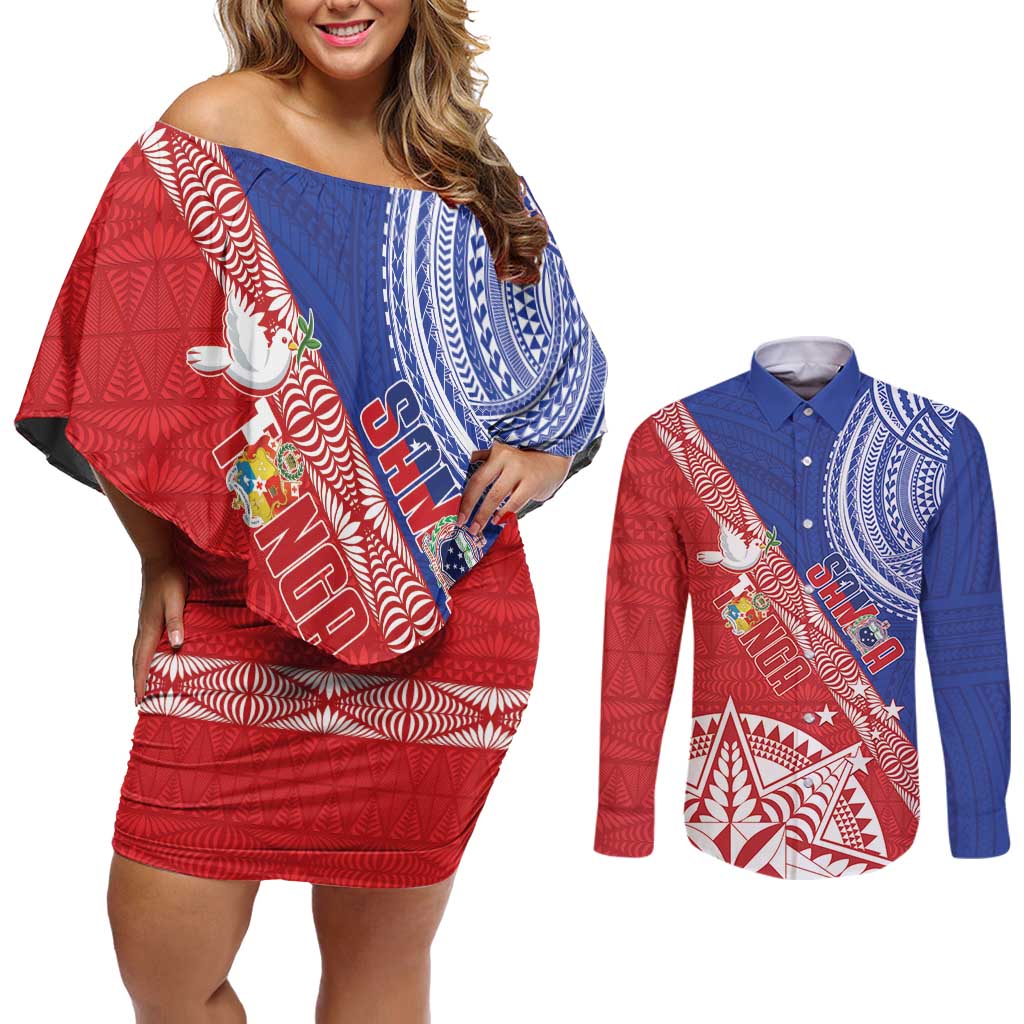 Tonga and Samoa Rugby Custom Couples Matching Off Shoulder Short Dress and Long Sleeve Button Shirt Ikale Tahi Manu Samoa Together - Polynesian Pride