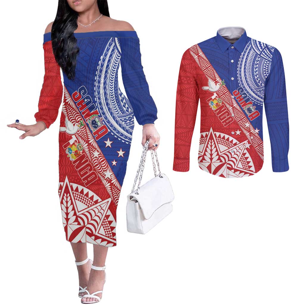 Tonga and Samoa Rugby Custom Couples Matching Off The Shoulder Long Sleeve Dress and Long Sleeve Button Shirt Ikale Tahi Manu Samoa Together - Polynesian Pride