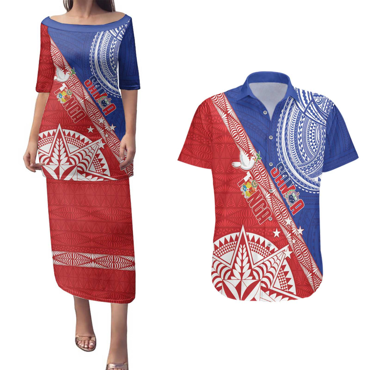 Tonga and Samoa Rugby Custom Couples Matching Puletasi and Hawaiian Shirt Ikale Tahi Manu Samoa Together - Polynesian Pride