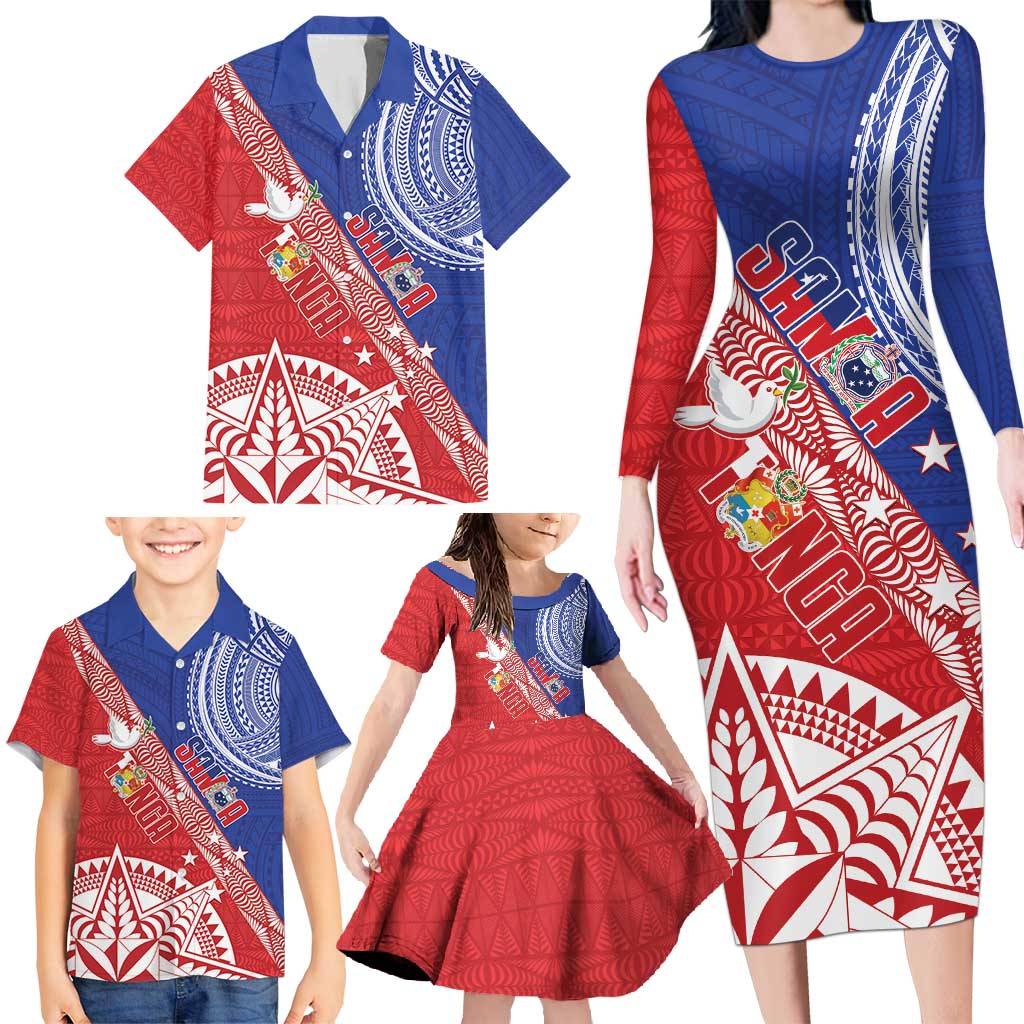 Tonga and Samoa Rugby Custom Family Matching Long Sleeve Bodycon Dress and Hawaiian Shirt Ikale Tahi Manu Samoa Together - Polynesian Pride