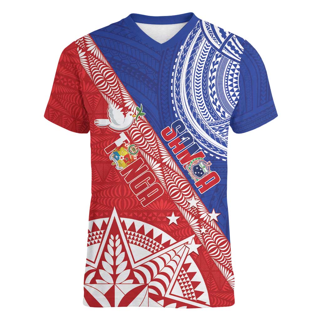 Tonga and Samoa Rugby Custom Women V-Neck T-Shirt Ikale Tahi Manu Samoa Together - Polynesian Pride