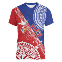 Tonga and Samoa Rugby Custom Women V-Neck T-Shirt Ikale Tahi Manu Samoa Together - Polynesian Pride