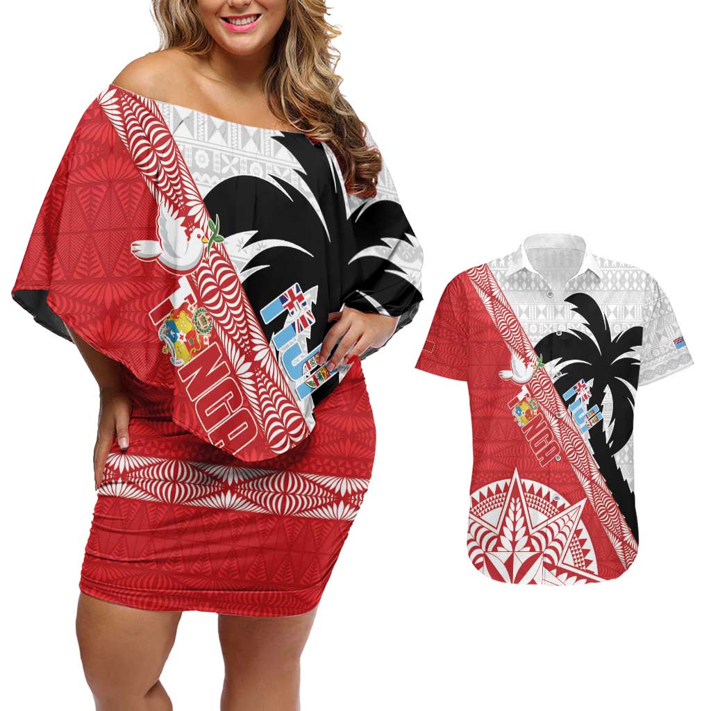 Fiji and Tonga Rugby Custom Couples Matching Off Shoulder Short Dress and Hawaiian Shirt Flying Fijians Ikale Tahi Together Pacific - Polynesian Pride