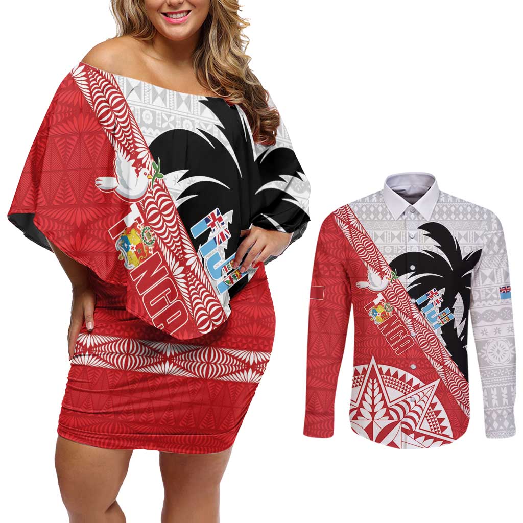 Fiji and Tonga Rugby Custom Couples Matching Off Shoulder Short Dress and Long Sleeve Button Shirt Flying Fijians Ikale Tahi Together Pacific - Polynesian Pride