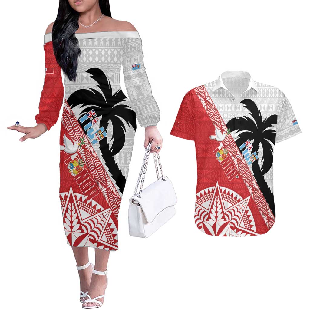Fiji and Tonga Rugby Custom Couples Matching Off The Shoulder Long Sleeve Dress and Hawaiian Shirt Flying Fijians Ikale Tahi Together Pacific - Polynesian Pride