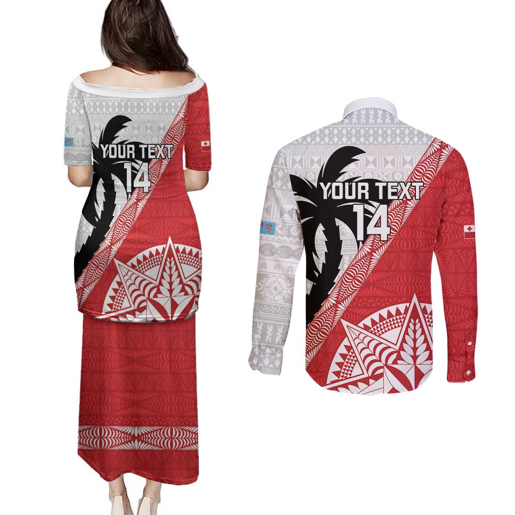 Fiji and Tonga Rugby Custom Couples Matching Puletasi and Long Sleeve Button Shirt Flying Fijians Ikale Tahi Together Pacific - Polynesian Pride