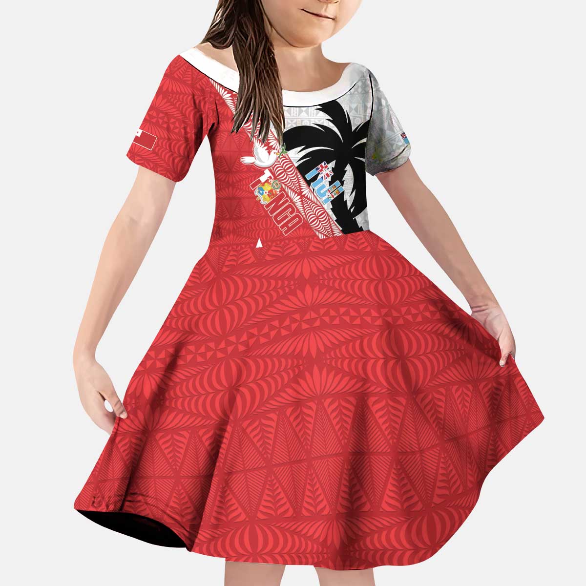 Fiji and Tonga Rugby Custom Kid Short Sleeve Dress Flying Fijians Ikale Tahi Together Pacific - Polynesian Pride