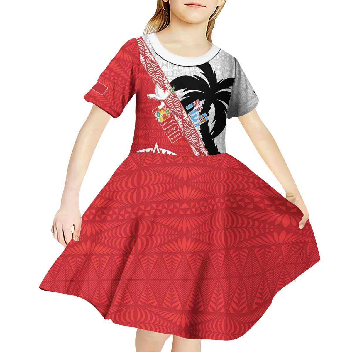 Fiji and Tonga Rugby Custom Kid Short Sleeve Dress Flying Fijians Ikale Tahi Together Pacific - Polynesian Pride