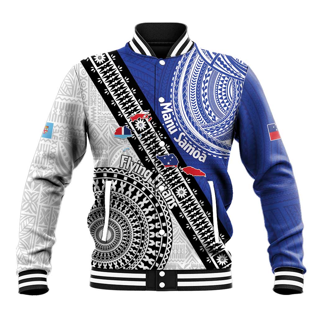 Fiji an Samoa Rugby Custom Baseball Jacket Flying Fijians Manu Samoa Together Pacific LT14 Unisex Blue - Polynesian Pride