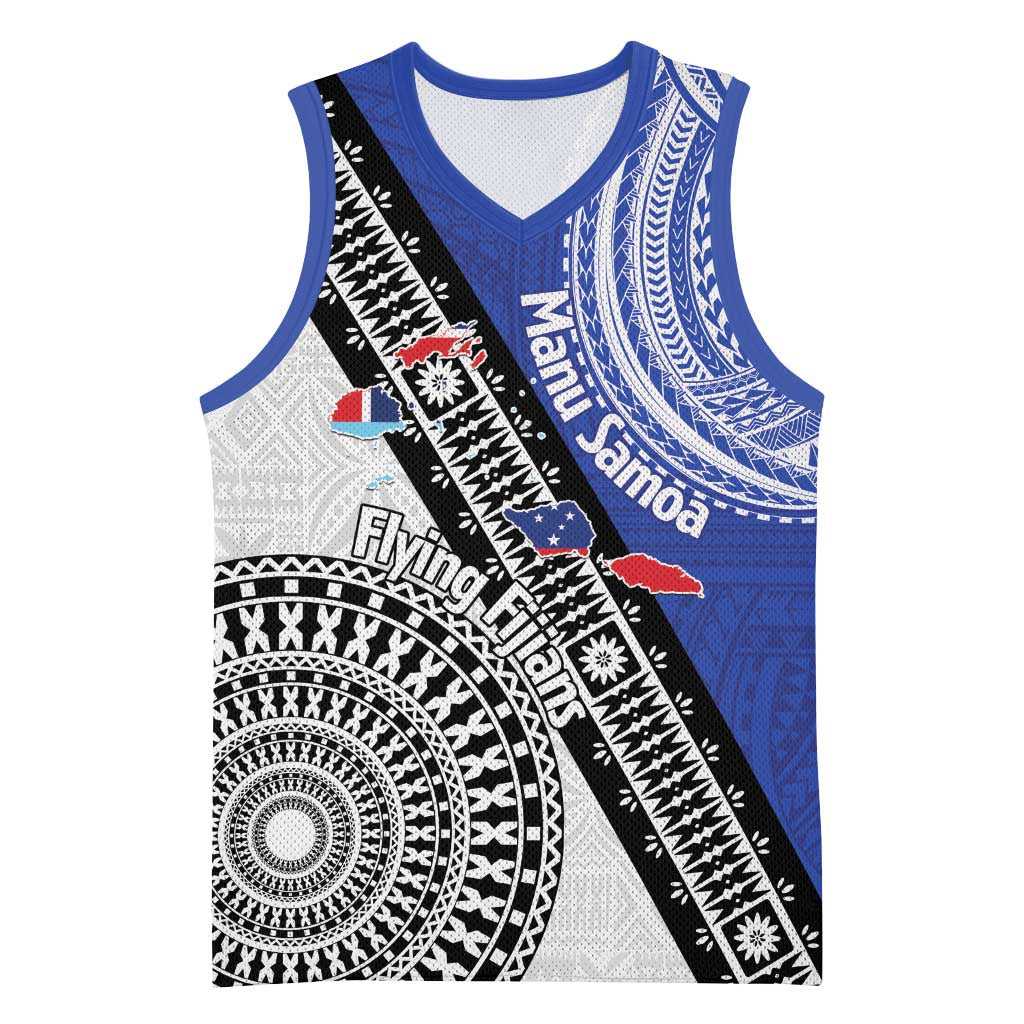 Fiji an Samoa Rugby Custom Basketball Jersey Flying Fijians Manu Samoa Together Pacific LT14 Unisex Blue - Polynesian Pride