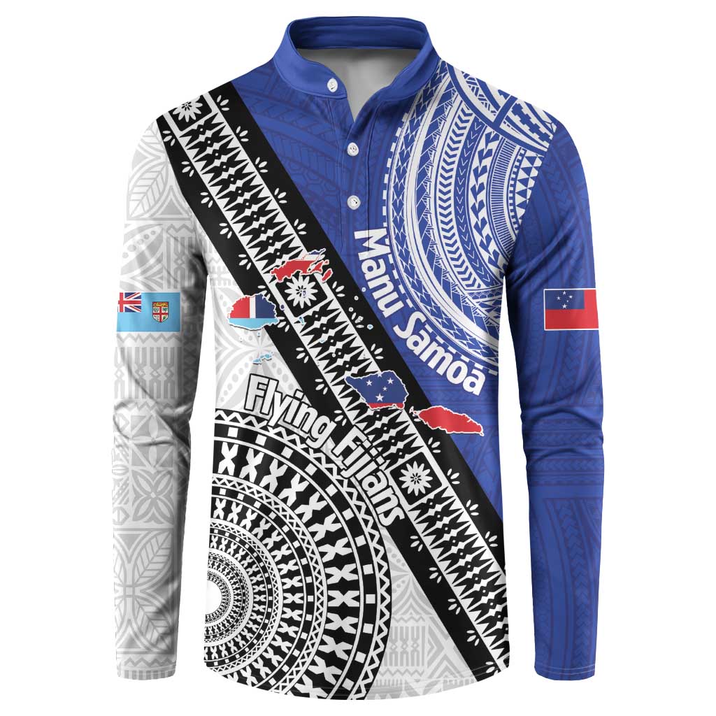 Fiji an Samoa Rugby Custom Button Sweatshirt Flying Fijians Manu Samoa Together Pacific LT14 Blue - Polynesian Pride