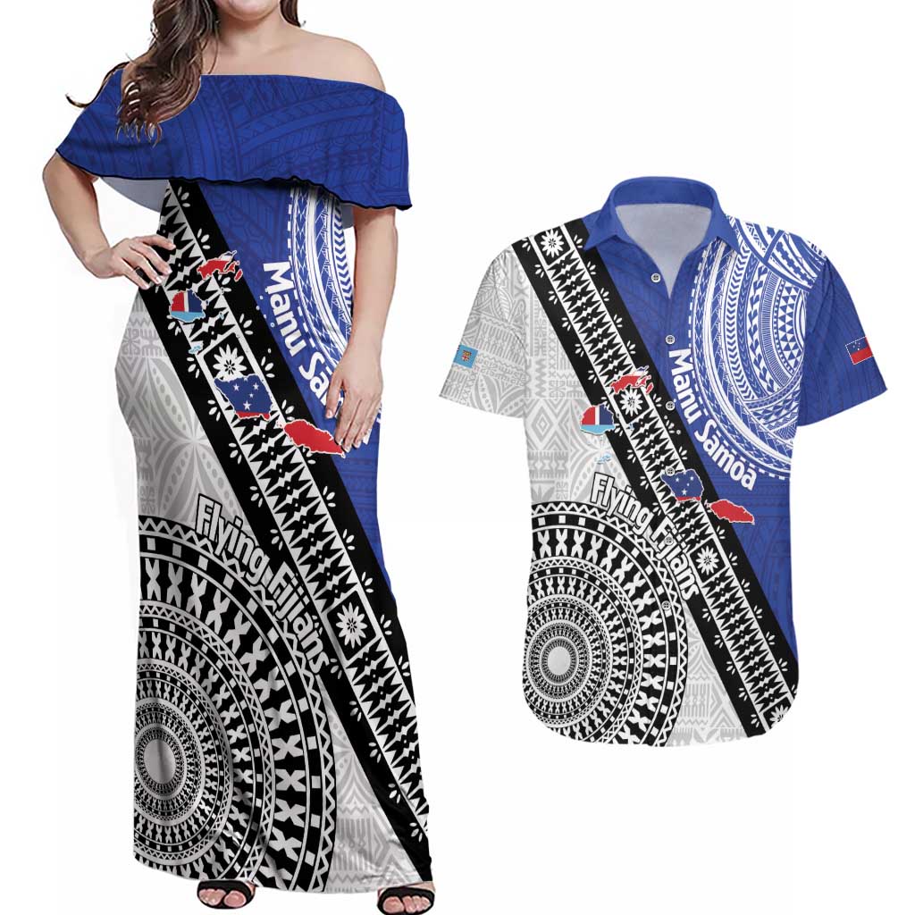 Fiji an Samoa Rugby Custom Couples Matching Off Shoulder Maxi Dress and Hawaiian Shirt Flying Fijians Manu Samoa Together Pacific - Polynesian Pride