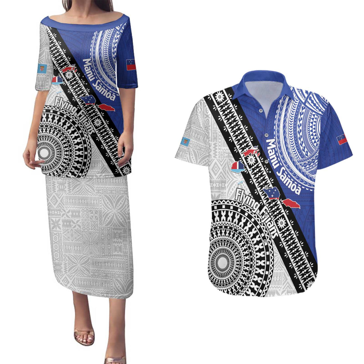 Fiji an Samoa Rugby Custom Couples Matching Puletasi and Hawaiian Shirt Flying Fijians Manu Samoa Together Pacific LT14 Blue - Polynesian Pride