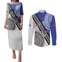 Fiji an Samoa Rugby Custom Couples Matching Puletasi and Long Sleeve Button Shirt Flying Fijians Manu Samoa Together Pacific LT14 Blue - Polynesian Pride