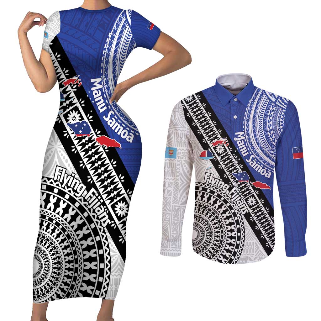 Fiji an Samoa Rugby Custom Couples Matching Short Sleeve Bodycon Dress and Long Sleeve Button Shirt Flying Fijians Manu Samoa Together Pacific - Polynesian Pride