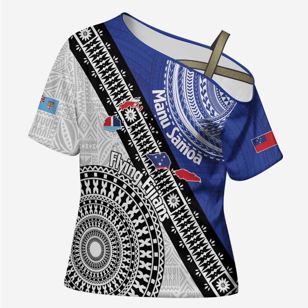 Fiji an Samoa Rugby Custom Cross Shoulder Shirt Flying Fijians Manu Samoa Together Pacific LT14 Female Blue - Polynesian Pride