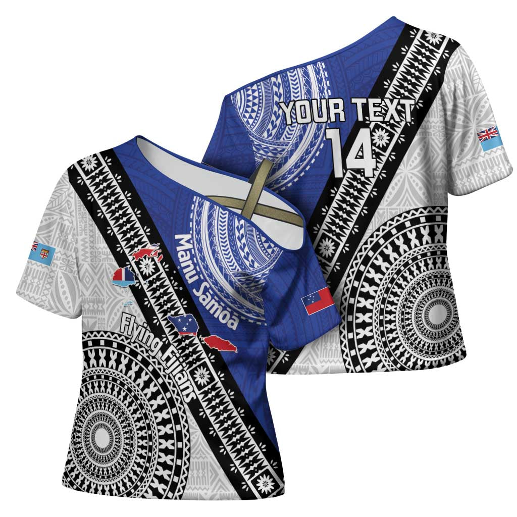 Fiji an Samoa Rugby Custom Cross Shoulder Shirt Flying Fijians Manu Samoa Together Pacific LT14 - Polynesian Pride