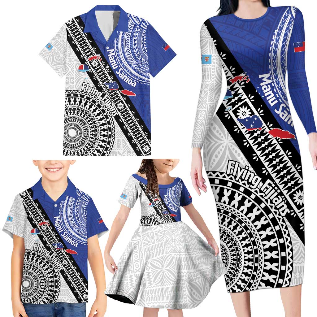 Fiji an Samoa Rugby Custom Family Matching Long Sleeve Bodycon Dress and Hawaiian Shirt Flying Fijians Manu Samoa Together Pacific - Polynesian Pride