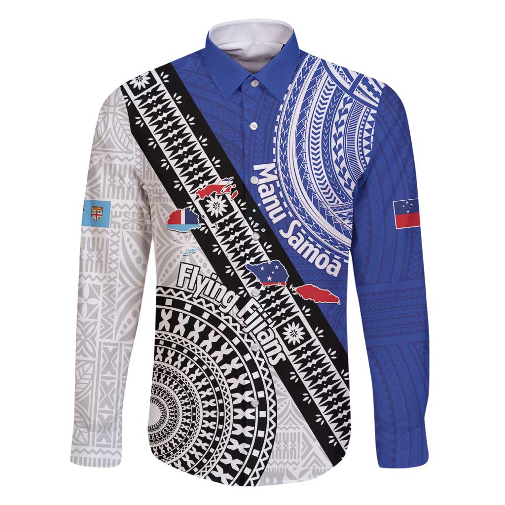 Fiji an Samoa Rugby Custom Family Matching Off Shoulder Short Dress and Hawaiian Shirt Flying Fijians Manu Samoa Together Pacific LT14 Dad's Shirt - Long Sleeve Blue - Polynesian Pride