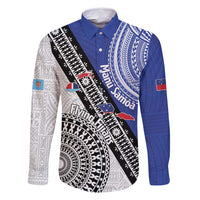 Fiji an Samoa Rugby Custom Family Matching Off Shoulder Short Dress and Hawaiian Shirt Flying Fijians Manu Samoa Together Pacific LT14 Dad's Shirt - Long Sleeve Blue - Polynesian Pride