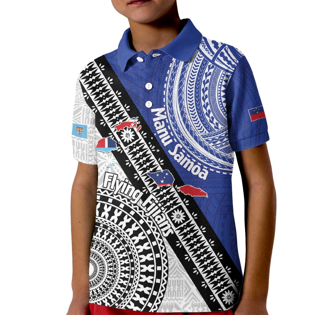 Fiji an Samoa Rugby Custom Kid Polo Shirt Flying Fijians Manu Samoa Together Pacific LT14 Kid Blue - Polynesian Pride