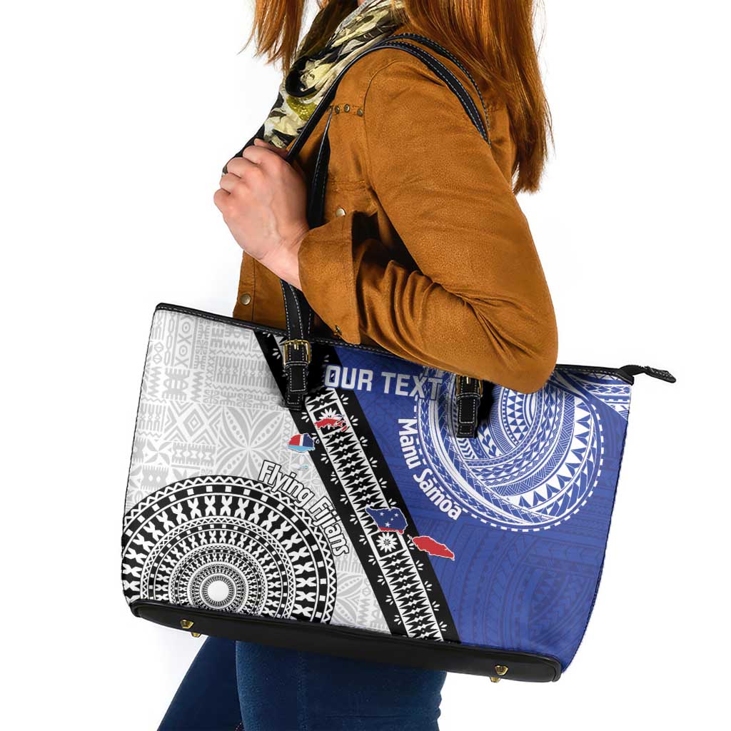 Fiji an Samoa Rugby Custom Leather Tote Bag Flying Fijians Manu Samoa Together Pacific LT14 Blue - Polynesian Pride