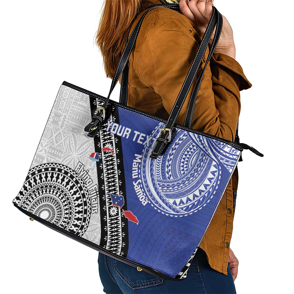 Fiji an Samoa Rugby Custom Leather Tote Bag Flying Fijians Manu Samoa Together Pacific LT14 - Polynesian Pride