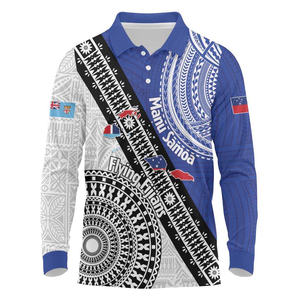 Fiji an Samoa Rugby Custom Long Sleeve Polo Shirt Flying Fijians Manu Samoa Together Pacific LT14 Blue - Polynesian Pride
