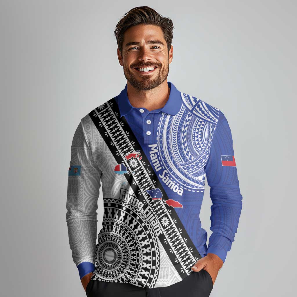 Fiji an Samoa Rugby Custom Long Sleeve Polo Shirt Flying Fijians Manu Samoa Together Pacific LT14 - Polynesian Pride