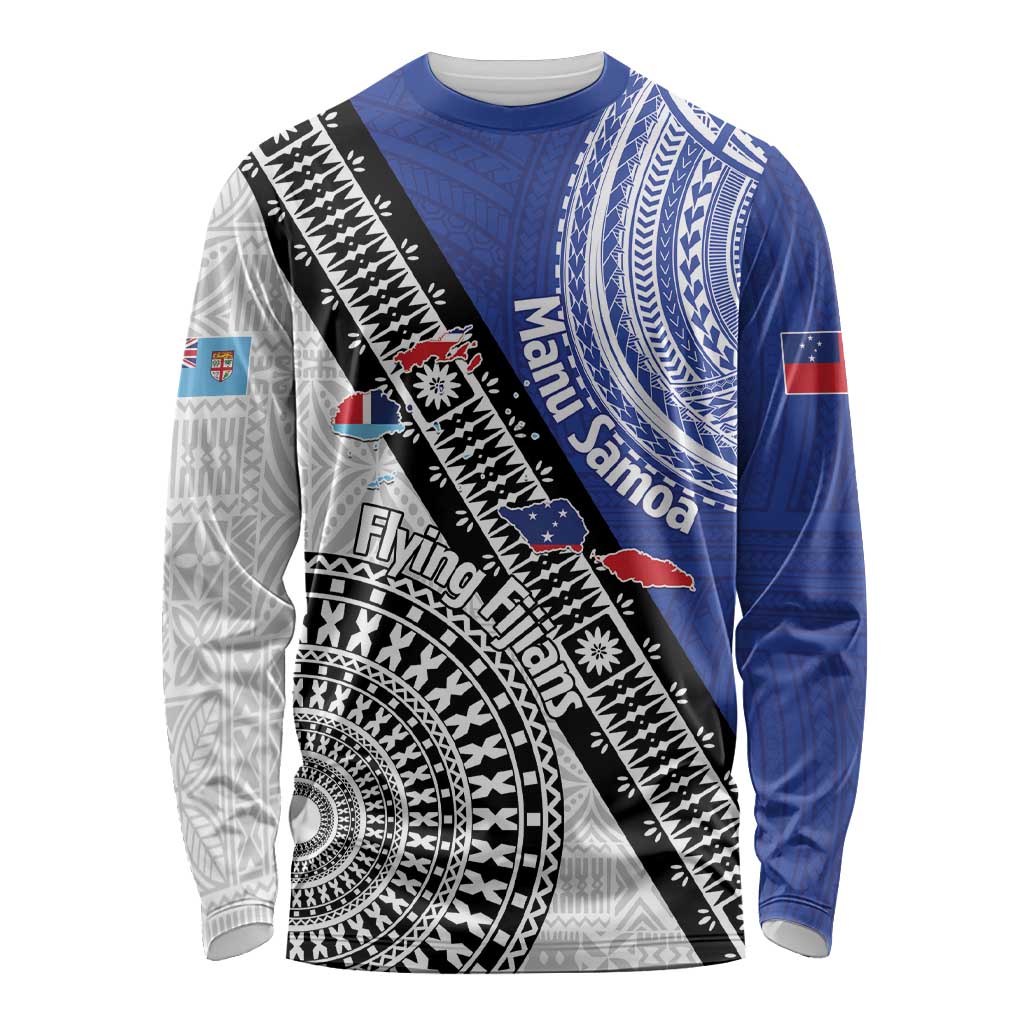 Fiji an Samoa Rugby Custom Long Sleeve Shirt Flying Fijians Manu Samoa Together Pacific LT14 Unisex Blue - Polynesian Pride
